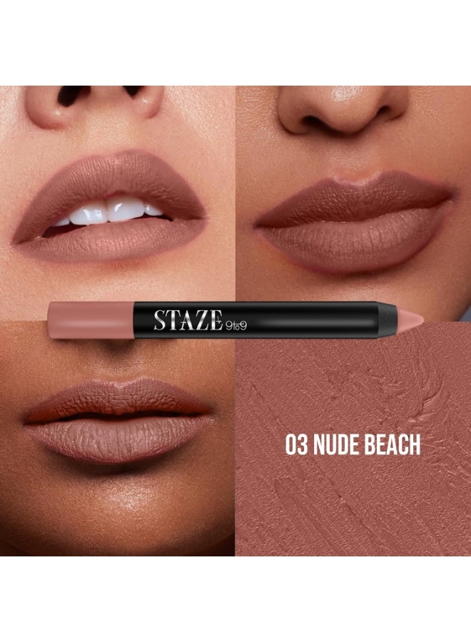 Staze 9to9 Pout On Matte + Smudgeproof Lip Crayon | Non-Drying, Transferproof & Sharpenable| Pigmented Matte Finish | 12-Hour Stay | Lightweight | 03 Nude Beach | 3.5 g - Image 3